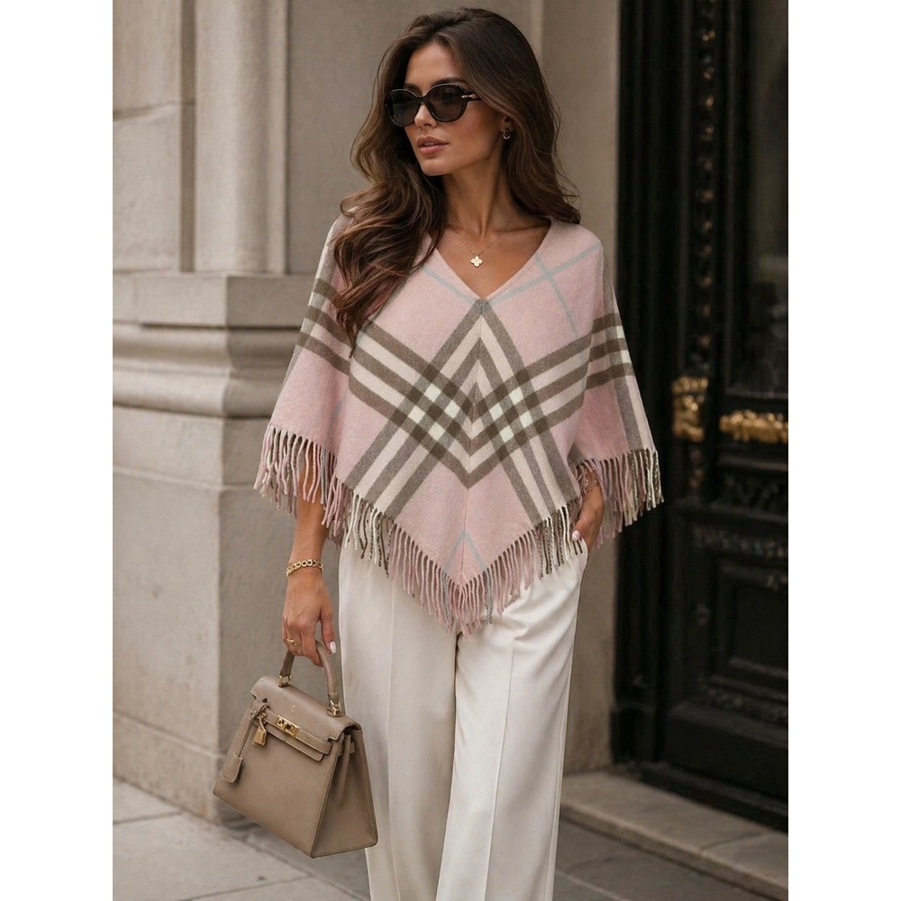 Burberry London Pink Check Merino Cashmere Fringe Poncho OS - Picture 1 of 5
